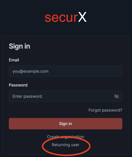 SecurX sign-in screen with the Returning user link at the bottom circled in red.