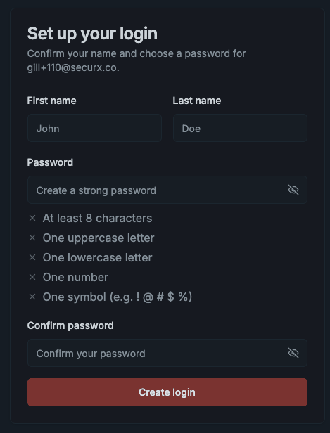 Set up your login screen with first name, last name, and password fields showing the password requirements.
