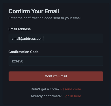 Confirm Your Email screen with fields for the email address and a 6-digit confirmation code.