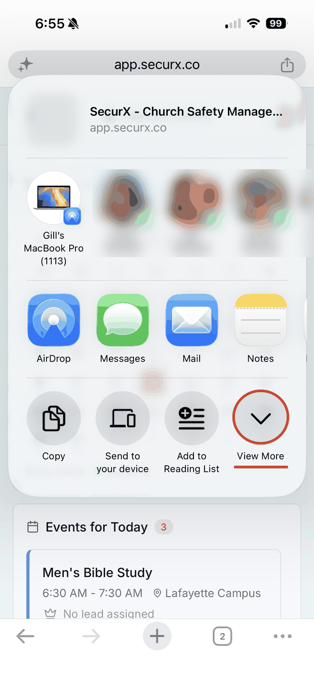 iOS share sheet with the View More chevron circled in the bottom right.