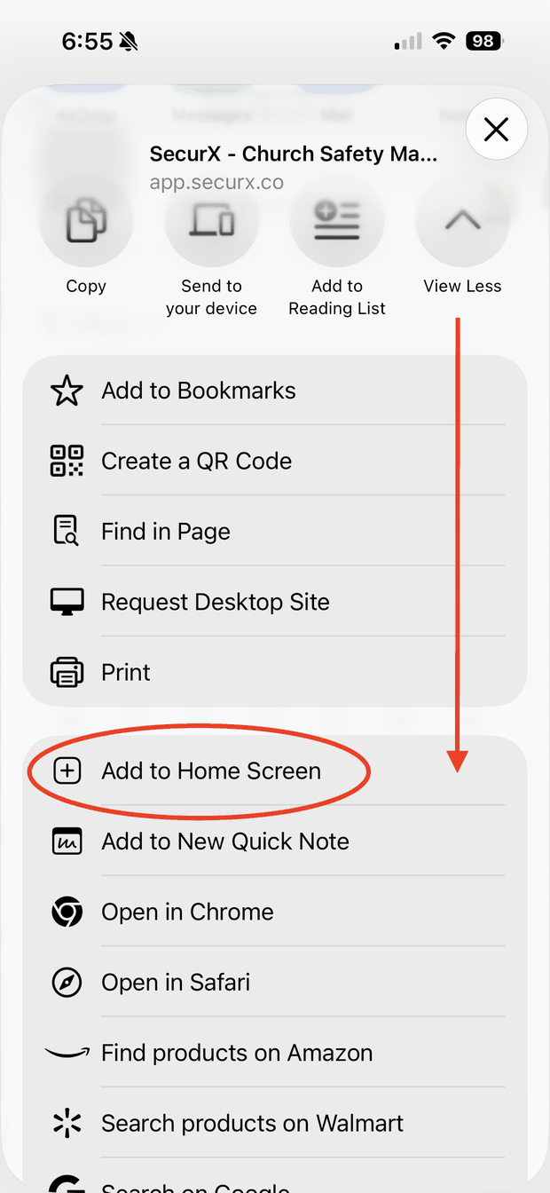 Expanded share menu with Add to Home Screen circled.