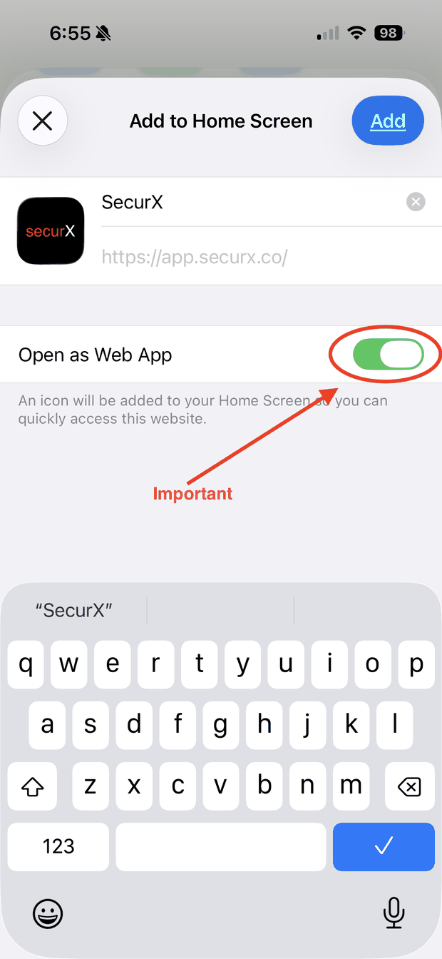 Add to Home Screen dialog with the Open as Web App toggle switched on and marked Important.