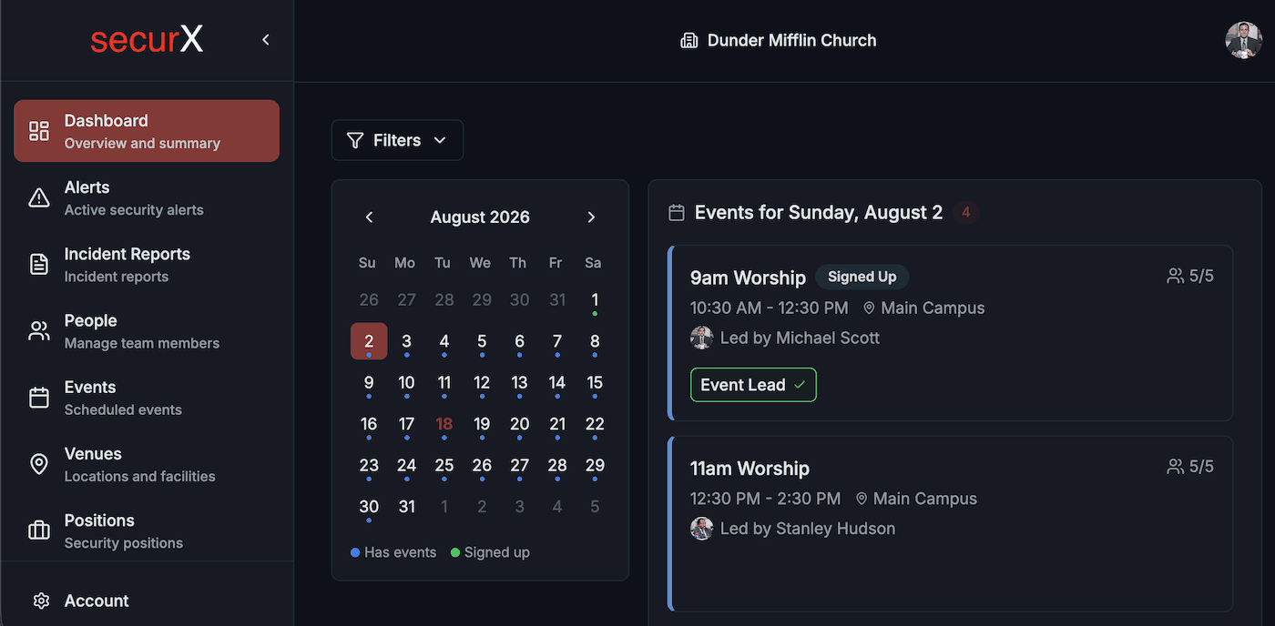SecurX dashboard showing the August calendar and Sunday event assignments with volunteer leads and sign-up counts.